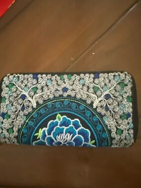 Embroidered Floral Zip Wallet in Teal and Blue